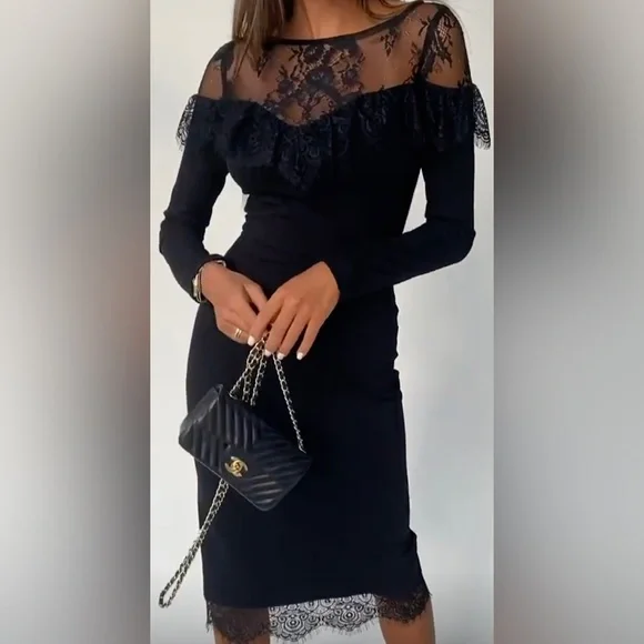 Malina Fashion Dresses | New Midi Dress, Black, Size Xs, Lace Inserts, A Short Slit On The Back Hem. | Color: Black | Size: Xs | Olesya_Rms's Closet